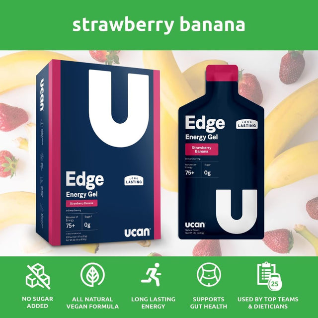 UCAN Edge Energy Gel Shots, Strawberry Banana (12, 2 Ounce Packets) for Running, Training, Workouts, Fitness, Cycling, Crossfit | Sugar-Free, Vegan, & Keto Friendly Energy Supplement