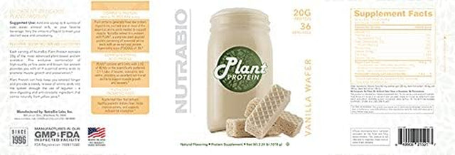 Nutrabio Plant Protein – Complete Amino Acid Profile – 20G Protein per Scoop – Gluten and Dairy Free, Zero Fillers, Naturally Sweetened, Non-Gmo, USA Made Protein - Vanilla Wafer - 36 Serving