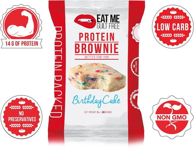 Eat Me Guilt Free Birthday Cake Protein-Packed Brownie - 14G Protein, Low Carb, Keto-Friendly, Low Sugar, Non GMO, No Preservatives, Low Calorie Snack or Dessert | 12 Count