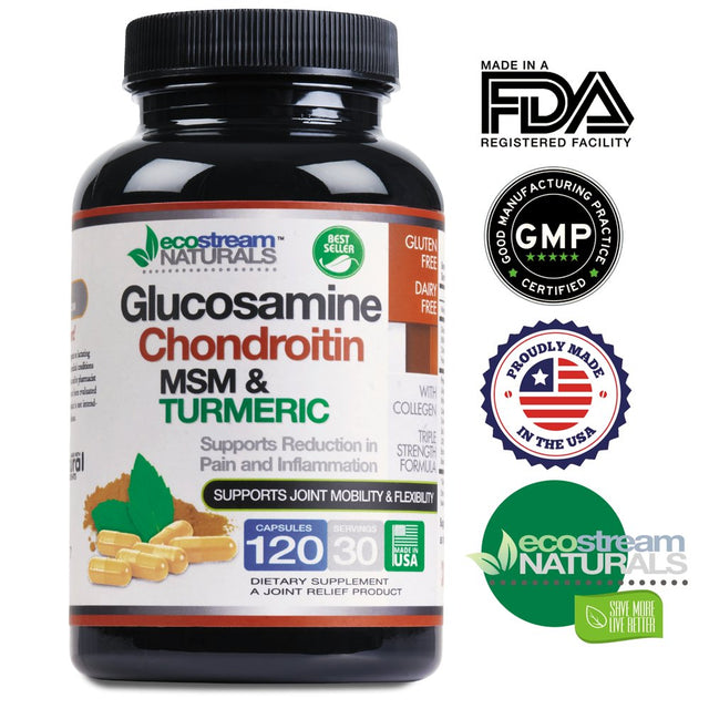 All Natural Glucosamine, Chondroitin, MSM, Turmeric, Boswellia and Collagen Complex by Ecostream Naturals, Joint Support - Gluten Free - (Packaging May Vary)