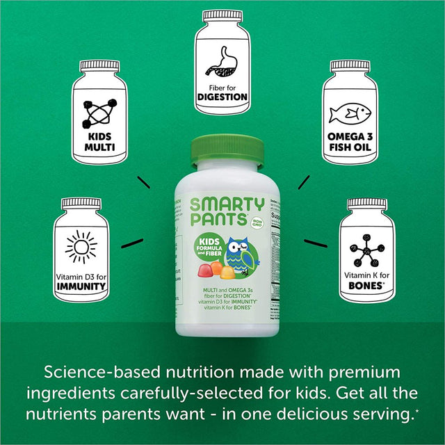 Smartypants Kids Formula & Fiber Daily Gummy Multivitamin: Fiber for Digestive Health, Vitamin C, D3, & Zinc for Immunity, Omega 3 Fish Oil (EPA & DHA), B6, Methyl B12, 120 Count (30 Day Supply)