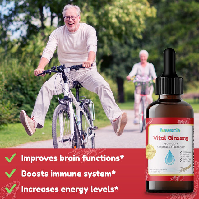 Nuvamin - Liquid Herbal Ginseng Drops for Adults, Teenagers, Elders, & 65+. 2Fl.Oz (60Ml). 48 Daily Serving. Made of Pure & Organic American Ginsengs in USA. All Natural Ingredients & Flavor