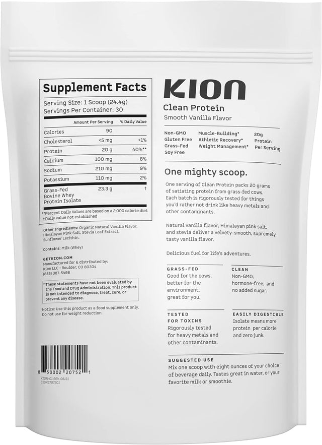 Kion Clean Protein | Grass-Fed & Pasture-Raised Whey Isolate Protein Powder | Smooth Vanilla | 30 Servings