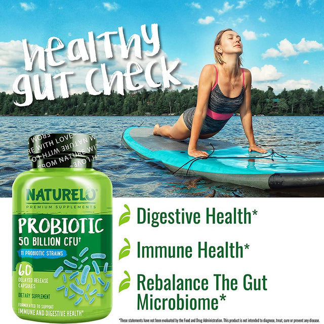 NATURELO Probiotic Supplement - 50 Billion CFU - 11 Strains - One Daily - Helps Support Digestive & Immune Health - Delayed Release - No Refrigeration Needed - 60 Vegan Capsules