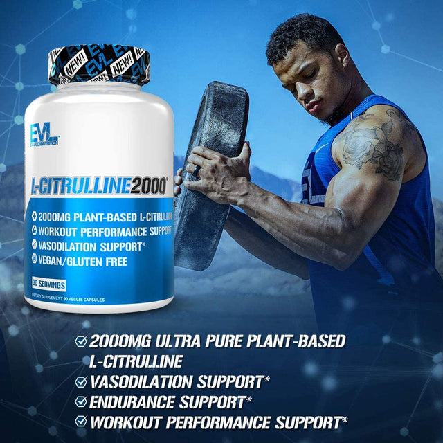 Evlution L-Citrulline2000 Nitric Oxide Supplement for Men Nutrition High Strength L Citrulline Capsules for Enhanced Muscle Strength Recovery and Intense Pumps - Plant Based Nitric Oxide Booster