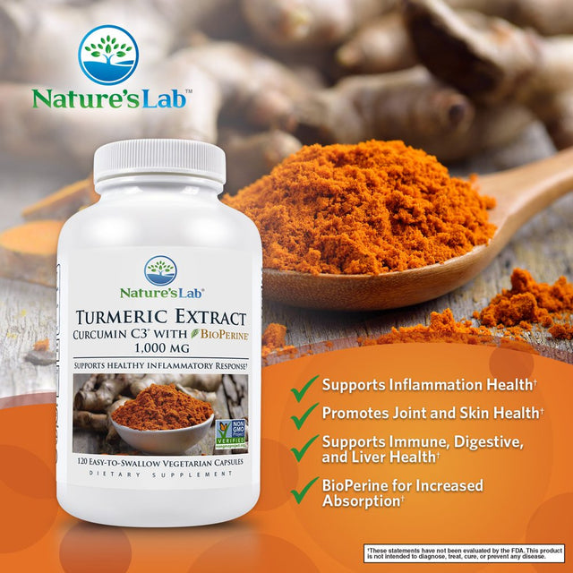 Nature'S Lab Turmeric Curcumin C3 Complex 1000Mg - 120 Capsules (60 Day Supply) - Turmeric Extract 1000Mg & Bioperine 5Mg Standardized to 95%, Promotes Cardiovascular, Immune, Joint, Skin Health*