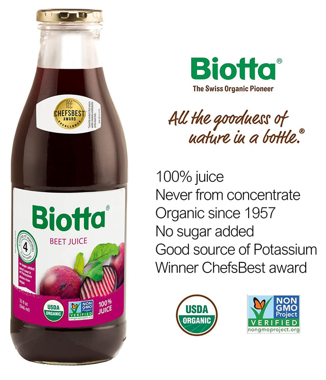 Biotta Organic Beet Juice - 100% Natural Beetroot Superfood - Helps Support Blood Pressure, Brain, Stamina & Energy - Natural Nitric Oxide & Potassium Booster - Gluten Free (32 Fl Oz, Pk of 4)