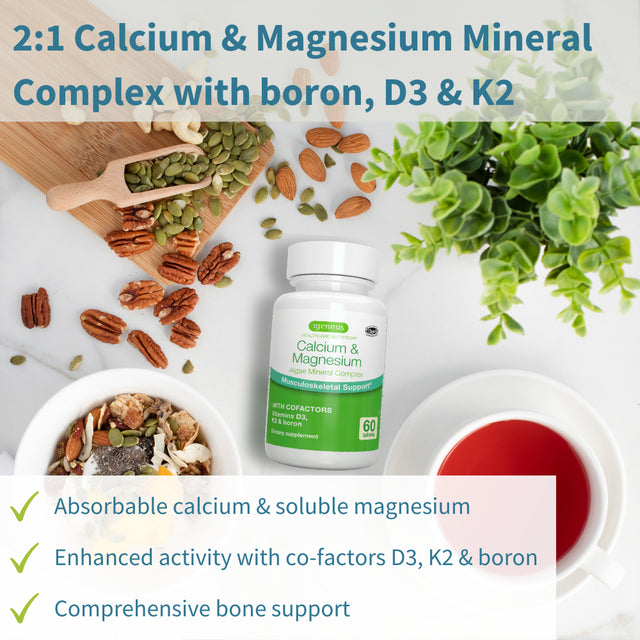 Calcium & Magnesium 2:1, Plant Based Algae Mineral Complex, Bone & Teeth Support, High Absorption Formula with Cofactors Boron, Vitamin D3 & K2, Vegan, 60 Tablets, by Igennus…