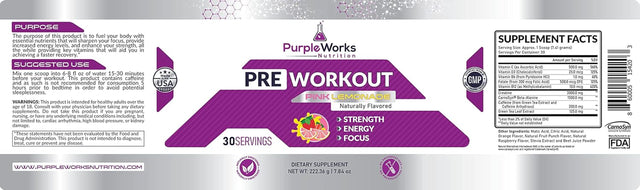 Purpleworks Pre-Workout for Men and Women, Made in USA, Vitamin D for Muscle & Immune Health, Creatine & Beta-Alanine for Strength, Caffeine & B Vitamins for Energy & Focus, Pink Lemonade