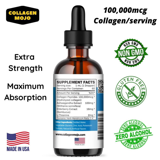 Liquid Collagen Peptides with Ashwagandha, Elderberry & L-Theanine. High Potency and Absorption Formula. Hair, Skin, Nail + Joint Support. Stress Relief & Immunity Booster – Collagen Mojo - 2 Oz.