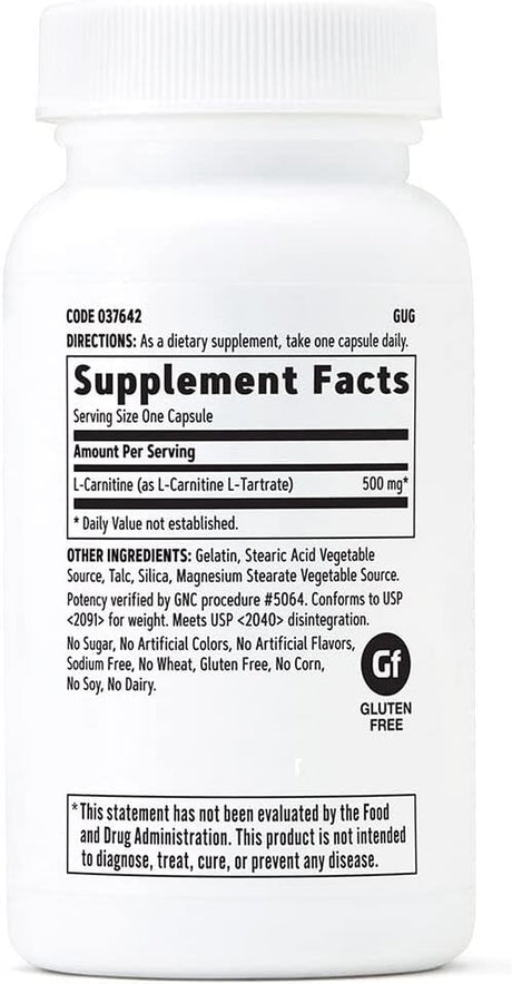 GNC L-Carnitine 500Mg, 60 Capsules, Helps Metabolize Long-Chain Fatty Acids