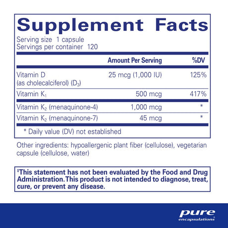 Pure Encapsulations Synergy K | Supplement with Vitamin K1, K2, and D3 to Support Bones, Blood Vessels, Vascular Elasticity, and Calcium Utilization* | 120 Capsules