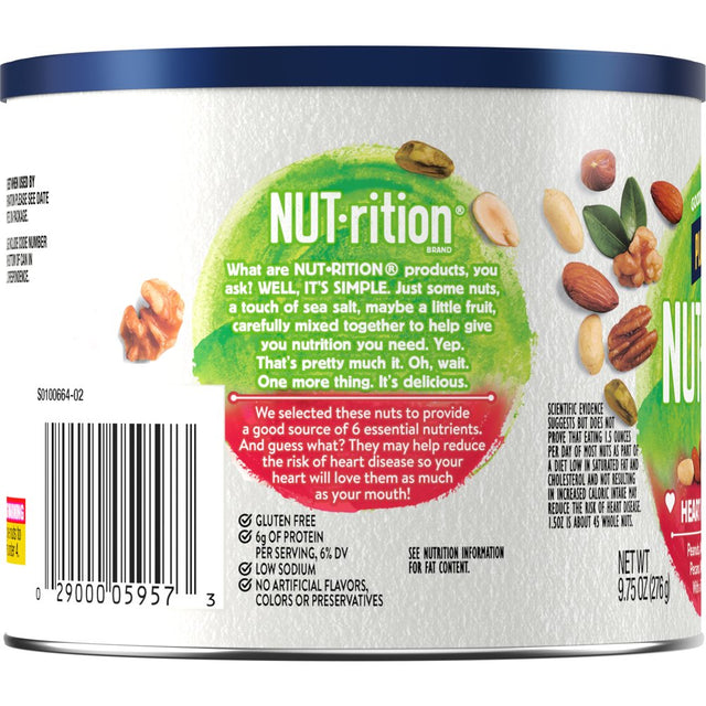 NUT-RITION Heart Healthy Nut Mix with Peanuts, Almonds, Pistachios, Pecans, Walnuts, Hazelnuts Sea Salt, 9.75 Oz Canister