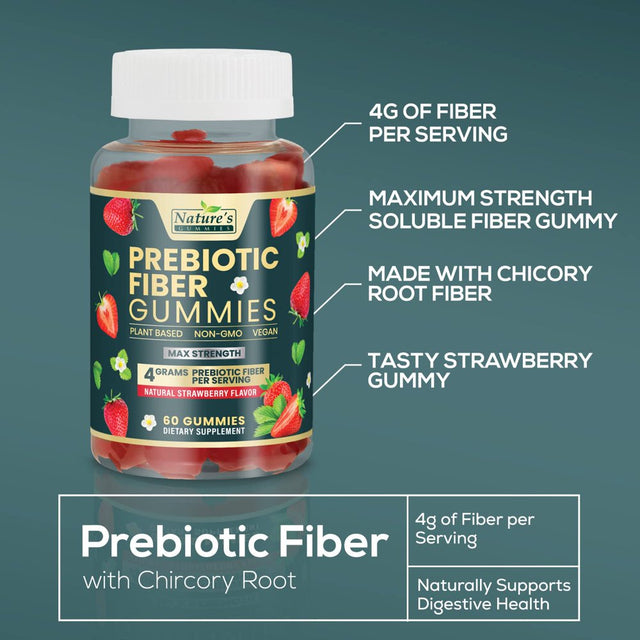 Nature'S Gummies Fiber Supplement - Max Strength 4G of Natural Soluble Prebiotic Fiber, Supports Digestive Health & Regularity, Non-Gmo, Chicory Gummy Supplements for Adults, Berry Flavor, 60 Gummies