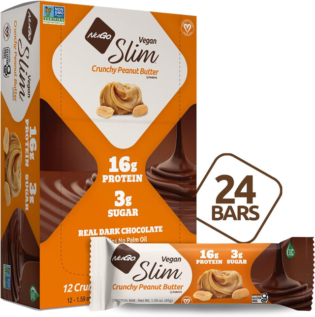 Nugo Slim Dark Chocolate Crunchy Peanut Butter, 16G Vegan Protein, 3G Sugar, 7G Fiber, 180 Calories, Low Net Carbs, Gluten Free, 24 Count