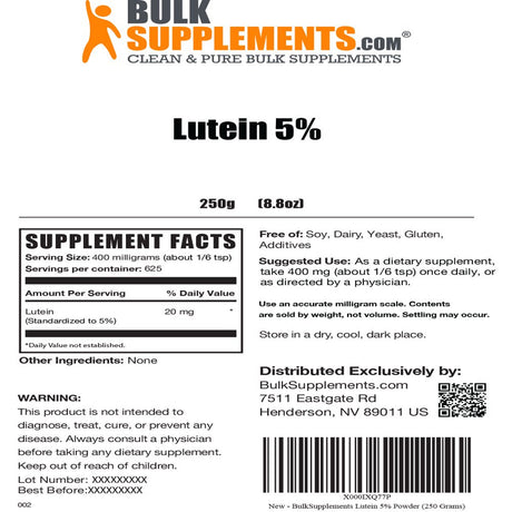 Bulksupplements.Com Lutein 5% Powder - Lutein 20Mg - Eye Vitamins for Vision - Vegan Lutein - Vision Supplements - Eye Support (250 Grams)