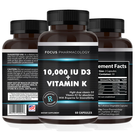 Vitamin K2 with D3 Extra Strength Supplement Bone | Heart Health Non-Gmo Formula 10,000 IU Vitamin D3 & 200 Mcg Vitamin K2 (MK7) | Easy to Swallow Vitamin K & D, 60 Capsules