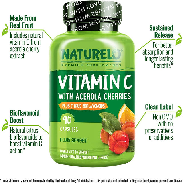 NATURELO Vitamin C with Organic Acerola Cherry Extract and Citrus Bioflavonoids - Vegan Supplement - Immune Support - 500 Mg VIT C per Cap - Non-Gmo - 90 Capsules