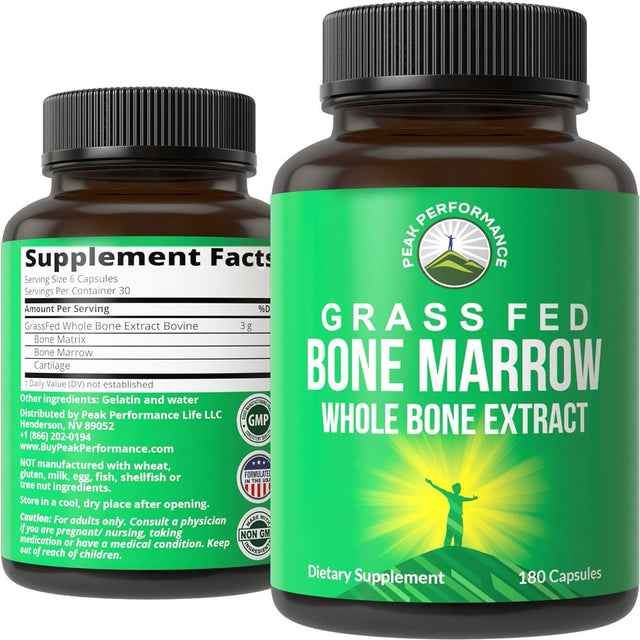 Peak Performance Grass Fed Bone Marrow - Whole Bone Extract Supplement 180 Capsules Superfood Pills Rich in Collagen, Vitamins, Amino Acids. from Bone Matrix, Marrow, Cartilage. Ancestral Tablets