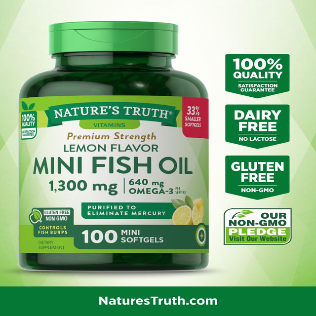 Mini Fish Oil Omega 3 | 1300 Mg | 100 Softgels | Burpless Lemon Flavor Pills | Non-Gmo. Gluten Free Supplement | by Nature'S Truth