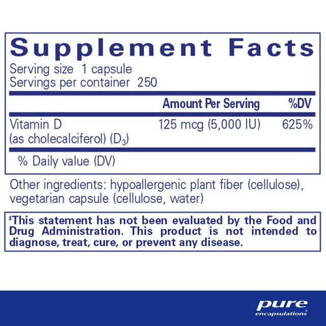 Pure Encapsulations Vitamin D3 125 Mcg (5,000 IU) | Supplement to Support Bone, Joint, Breast, Prostate, Heart, Colon and Immune Health* | 250 Capsules