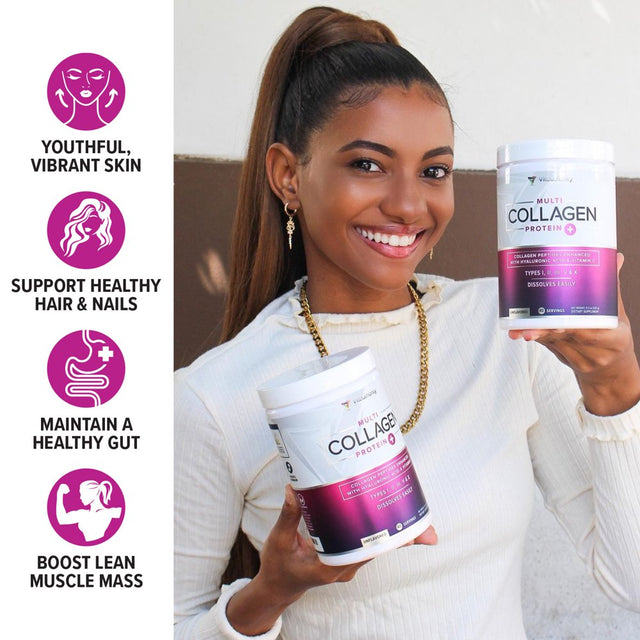 Multi Collagen Peptides plus Hyaluronic Acid and Vitamin C, Hydrolyzed Collagen Protein, Types I, II, III, V and X Collagen, Strawberry Flavor, 30 Servings