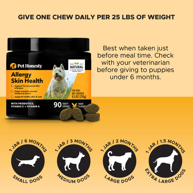 Pet Honesty Dog, Allergy Skin Health Support Supplement W Vitamin C Vitamin E and Probiotics, Duck Flavor, 90 Count Soft Chews