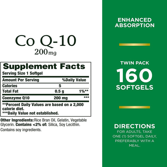 Nature’S Bounty Coq10 200 Mg Softgels, Heart Health & Cellular Energy Support, Twin Pack, 160 Rapid Release Softgels