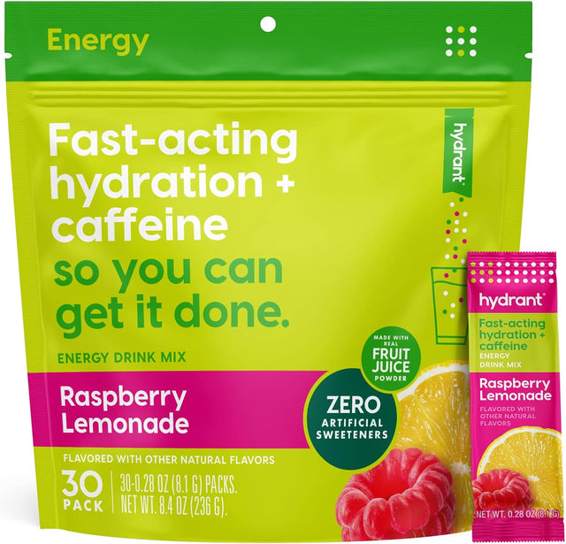 Hydrant Energy 30 Stick Pack, Caffeine & L-Theanine Rapid Hydration Mix, Electrolyte Hydration Powder Packets with Zinc (Raspberry Lemonade, 30 Count)