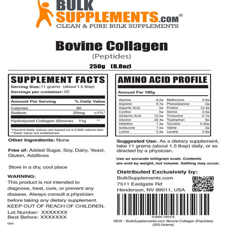 Bulksupplements.Com Hydrolyzed Collagen (Bovine) Powder - Collagen Powder - Collagen Peptides Powder - Bone Broth Collagen Powder (250 Grams - 8.8 Oz)