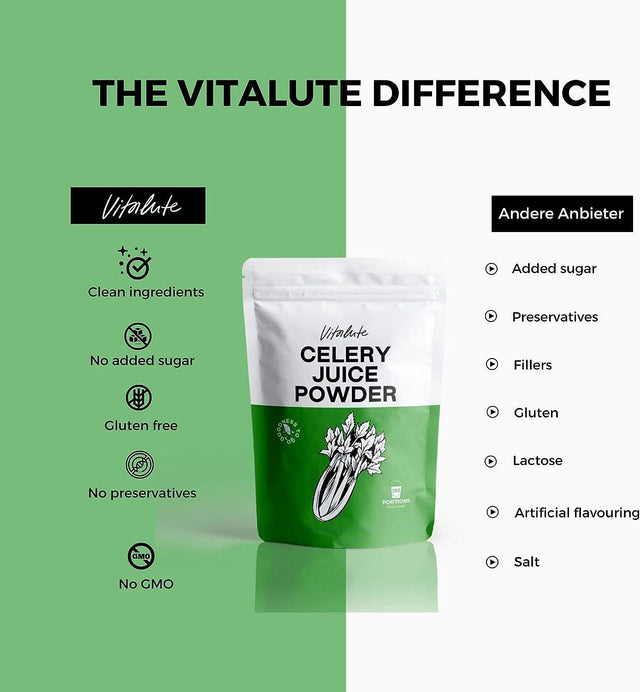 Vitalute Celery Powder Juice - 400G/100 Servings - Detox to Boost Immune System, Increase Energy, and Support Gut Health - Rich in Immune Vitamin C, Minerals & Antioxidant, Vegan Super Green Powder