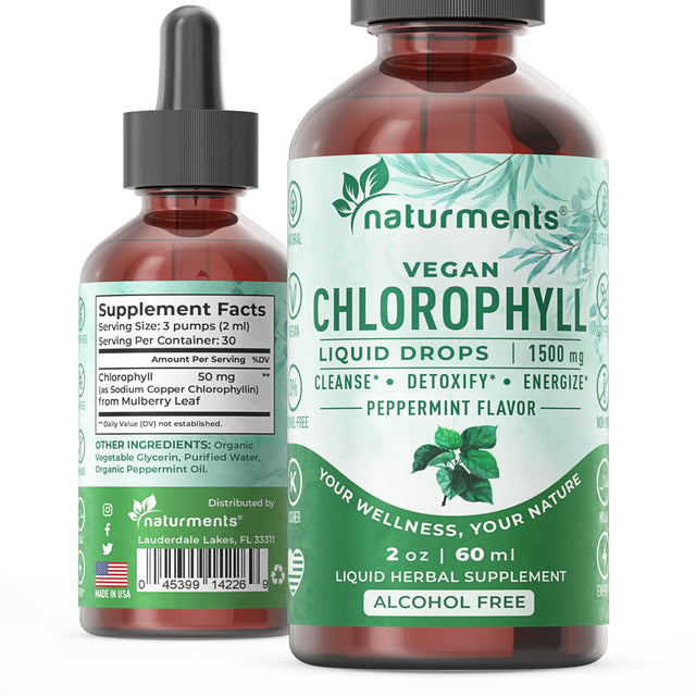 Naturments Chlorophyll Liquid Drops: Pure Chlorophyll Supplements - Natural Deodorant and Liver Detox Supplement - Clorofila Concentrate with Organic Peppermint Oil - 30 Servings, 60 Ml