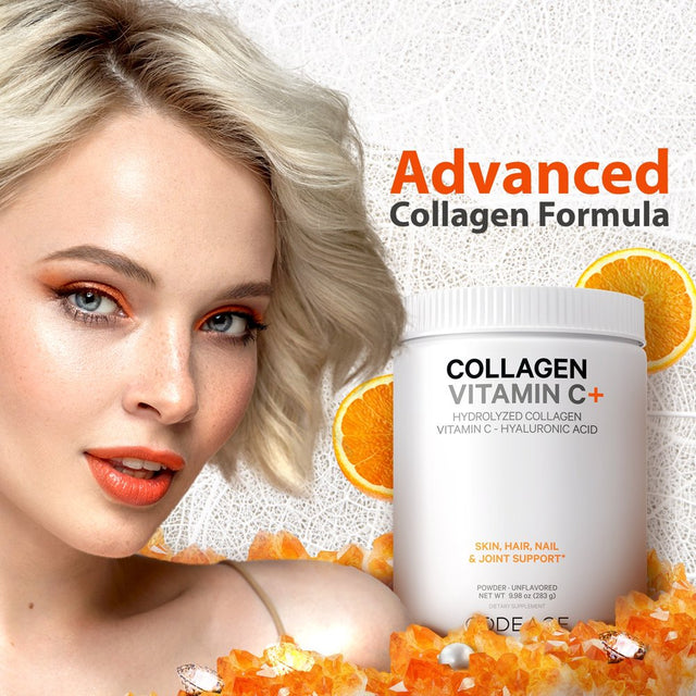 Codeage Collagen Peptides Powder, Type 1 & 3 Grass-Fed Bovine, Vitamin C, Enzymes, Hyaluronic Acid, 9.98 Oz