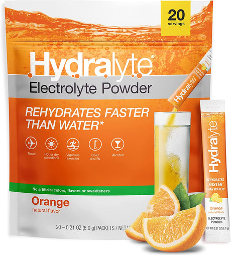 Hydralyte Electrolyte Powder Packets | Orange Hydration Packets | Easy Dissolve Electrolyte Powder for Rehydration Solutions | Low Sugar Hydration Powder Packets | All Natural (8 Oz Serving, 20 Count)