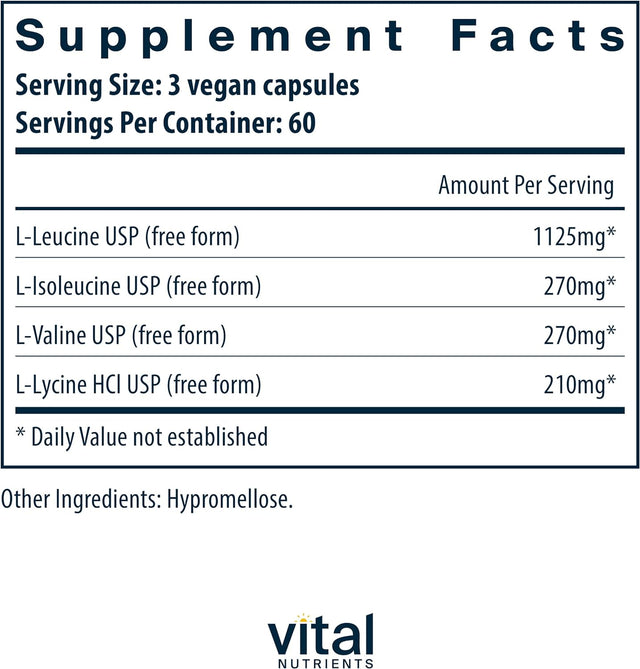 Vital Nutrients - Branched Chain Aminos - Blend of L-Leucine, L-Isoleucine, L-Valine, and L-Lysine Hcl Amino Acids - 180 Vegetarian Capsules per Bottle