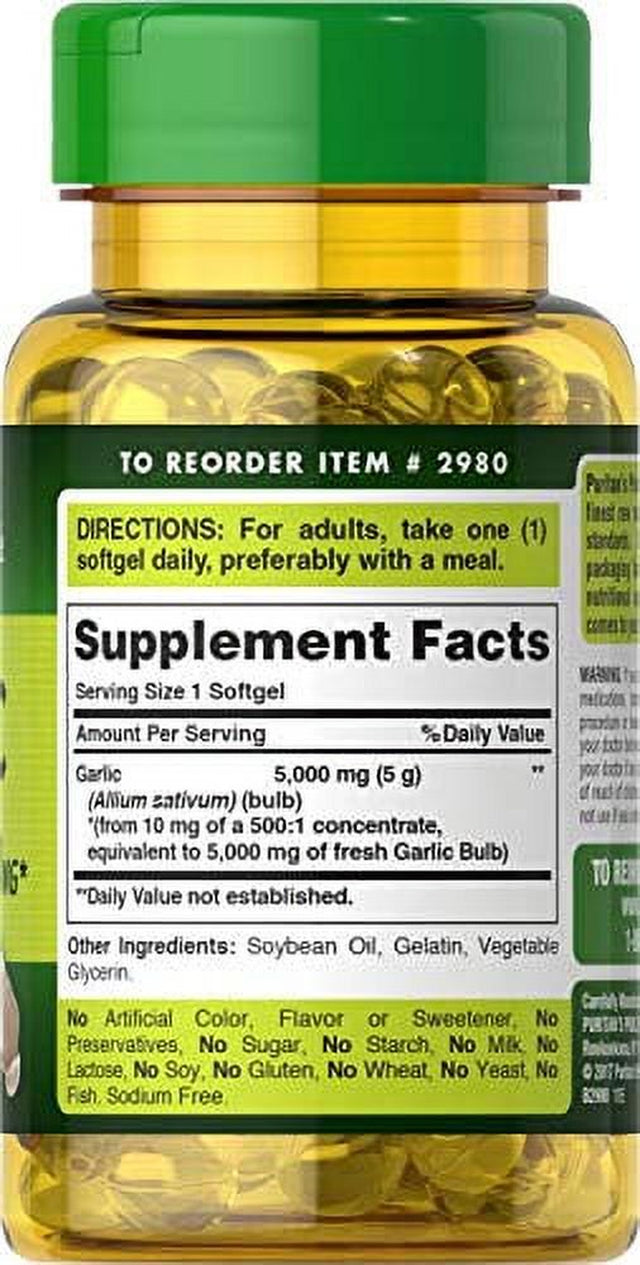 Puritan'S Pride Garlic Oil 5000 Mg-100 Rapid Release Softgels