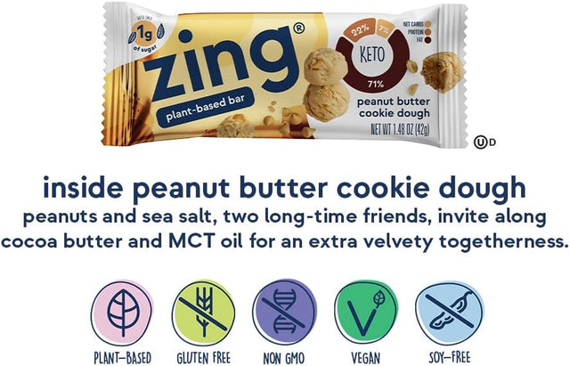 Zing Bars Plant Based Low Carb Keto Protein Bar, Creamy Peanut Butter Cookie Dough Nutrition Bar, 9G Protein, 3G Net Carbs, 1G Sugar, 10G Fiber, Vegan, Gluten Free, Soy Free, Non GMO, 12 Count