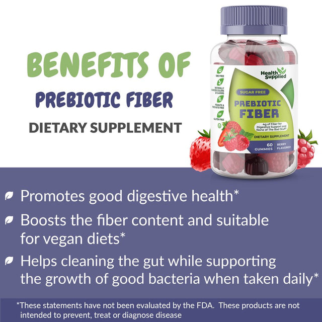 Health Supplied Fiber Prebiotic Gummies Sugar Free, Keto Friendly | Gut Cleansing, Constipation Relief | Natural Berry Flavor