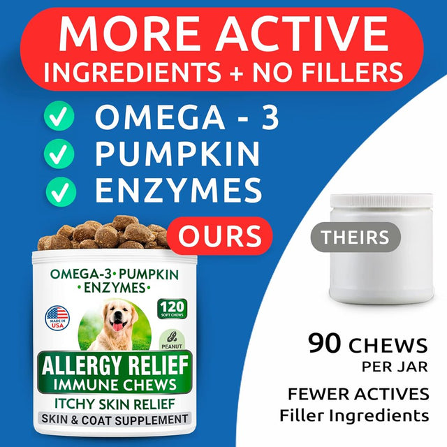 Dog Allergy Relief Chews - Anti-Itch Skin & Coat Supplement - Omega 3 Fish Oil - Itchy Skin Relief Treatment Pills - Itching & Paw Licking - Dry Skin & Hot Spots - (120 Immune Treats - Peanut Butter)