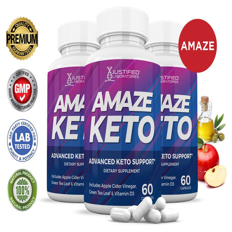 (3 Pack) Amaze Keto ACV Pills 1275Mg Alternative to Gummies Dietary Supplement 180 Capsules