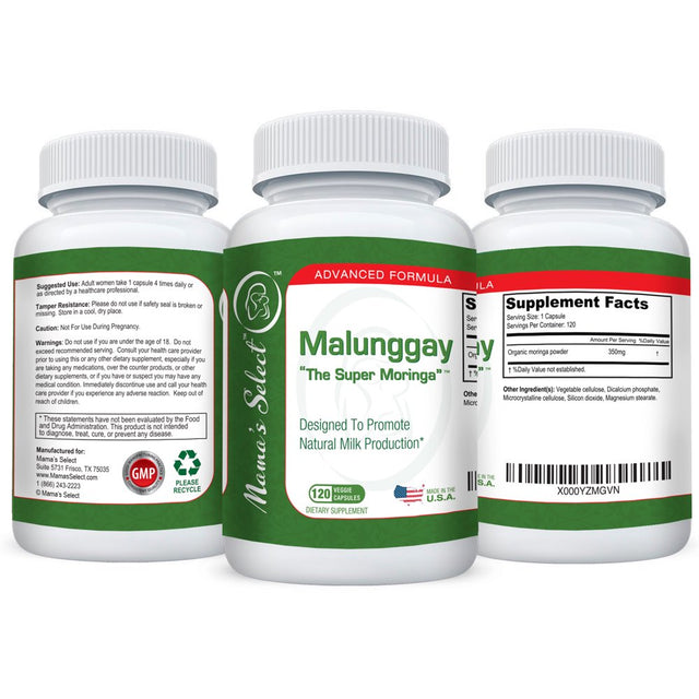 Mama'S Select Malunggay for Breast Milk Increase - 120 Veggie Capsules, 100% Organic Moringa Powder, 350 Mg per Capsule