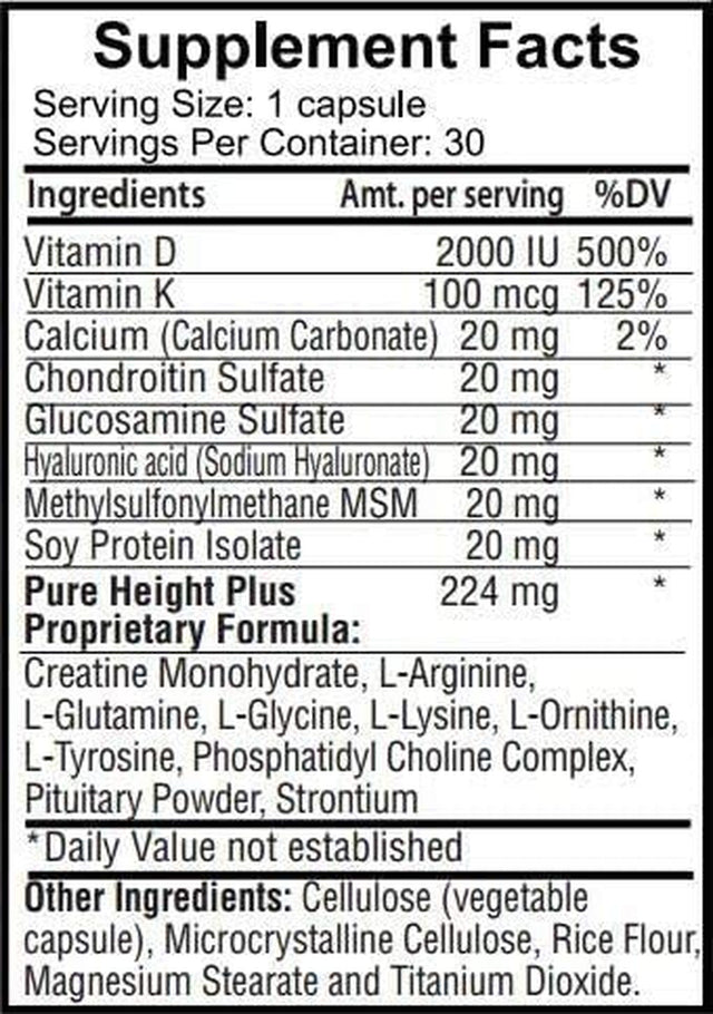 Pureheight plus Height Enhancement Vitamins - Helps You Grow Taller - Increases Bone Strength, Builds Bone Density, Stimulates Bone Growth - One-A-Day (30 Capsules)