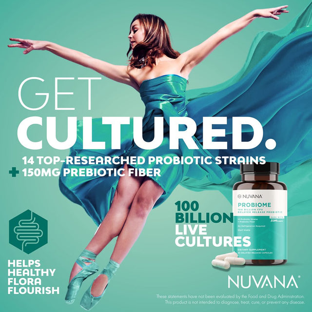 Nuvana Probiome | 100 Billion CFU | 14 Probiotic Strains with Prebiotic Fiber for Adult Men & Women