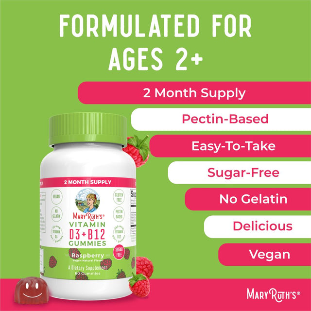 Maryruth Organics | Vitamin D3 + B12 Gummies | Bone Health & Immune Support | Sugar Free, Vegan | Raspberry (60 Gummies)