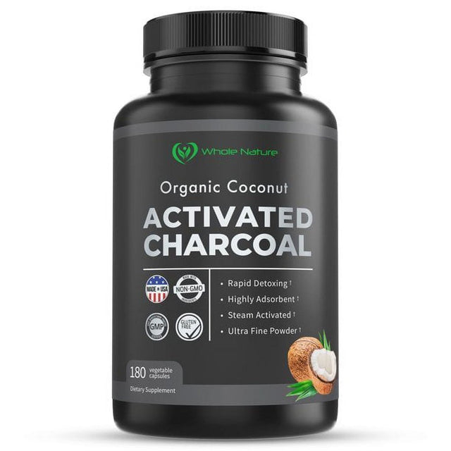 Whole Nature Pure Organic Coconut Activated Charcoal Supplements, 90 Servings / 180 Vegan Capsules (2PK)