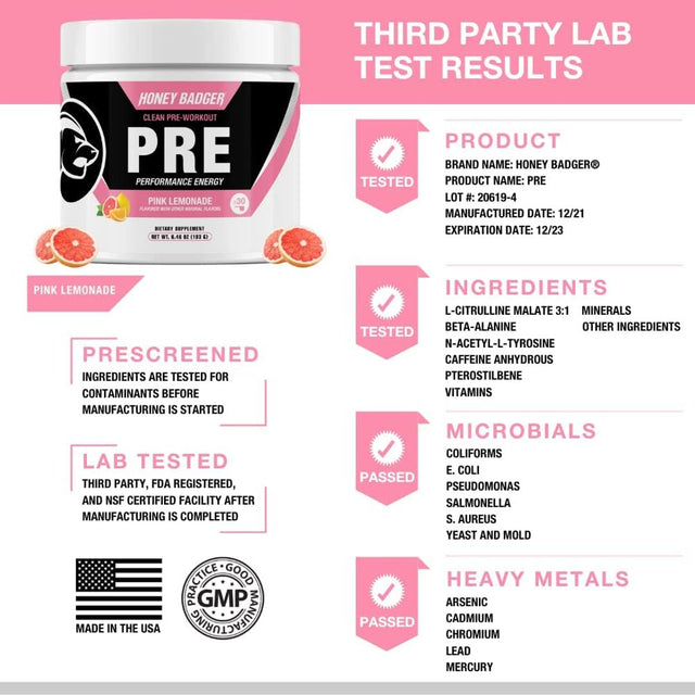 Honey Badger Pre Workout Powder, Keto Vegan Preworkout for Men & Women with Vitamin C for Immune Support, Beta Alanine & Caffeine, Sugar Free Natural Energy Supplement, Pink Lemonade, 30 Servings