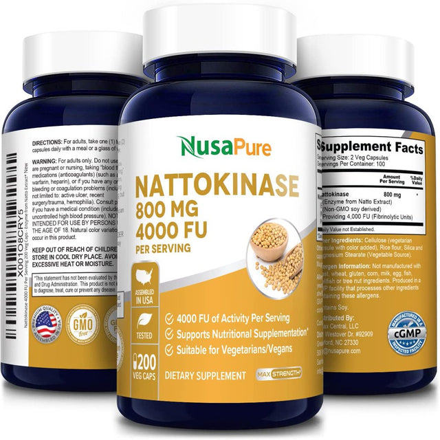 Nusapure Nattokinase 800Mg: Potent 4000 FU Dietary Supplement Promoting Wellness & Health, 200 Veggie Capsules, Non-Gmo, Gluten-Free, for Unisex Adult