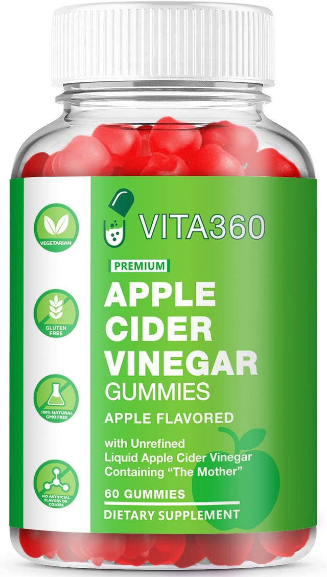 VITA360 60 Count Apple Cider Vinegar Gummies with the Mother - Vitamin B12, Beetroot Powder, Pomegranate Powder & Folic Acid - Apple Flavor ACV Gummies for Digestion, Detox, Skin Care & Immune Support