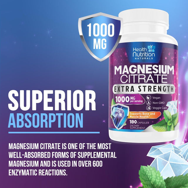 Magnesium Citrate Capsules 1000Mg - Max Absorption Magnesium Powder Capsules for Muscle, Nerve, Bone and Heart Health Support, High Absorption Citrate Complex, Gluten Free, Non-Gmo - 180 Capsules