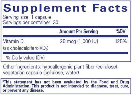 Pure Encapsulations Vitamin D3 25 Mcg (1,000 IU) | Supplement to Support Bone, Joint, Breast, Prostate, Heart, Colon and Immune Health* | 30 Capsules